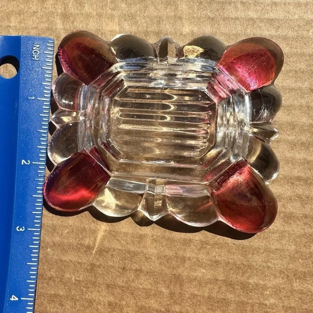 Vintage Ruby Stained Clear Glass Trinket Dish Ashtray